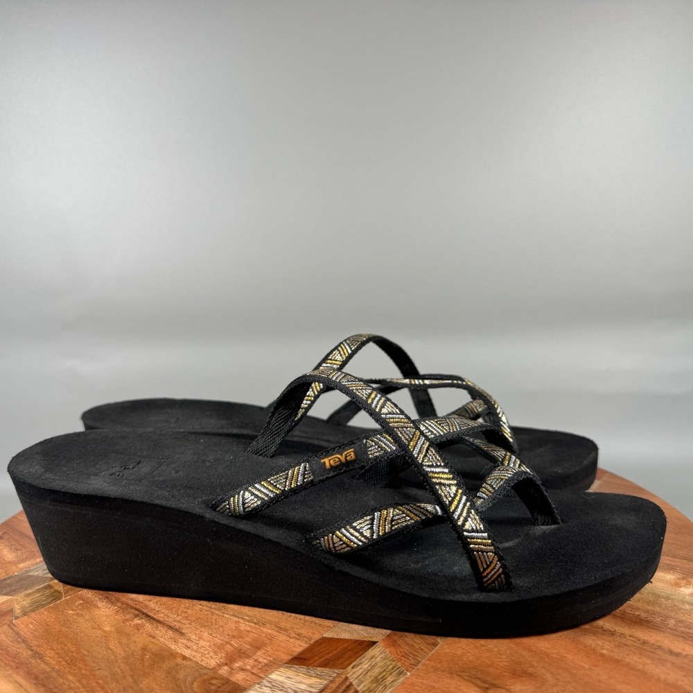 Teva Mush Mandalyn Wedge Ola 2 Black Metallic Strappy Platform Sandals Womens 11
